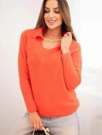 Dámský svetr z baby alpaky s límcem a výstřihem do V oranžový