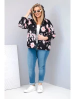Dámská jarní prošívaná bunda Plus Size s kapucí a květinovým vzorem černá