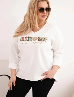 Dámská mikina Plus Size s nápisem a výstřihem do V ecru