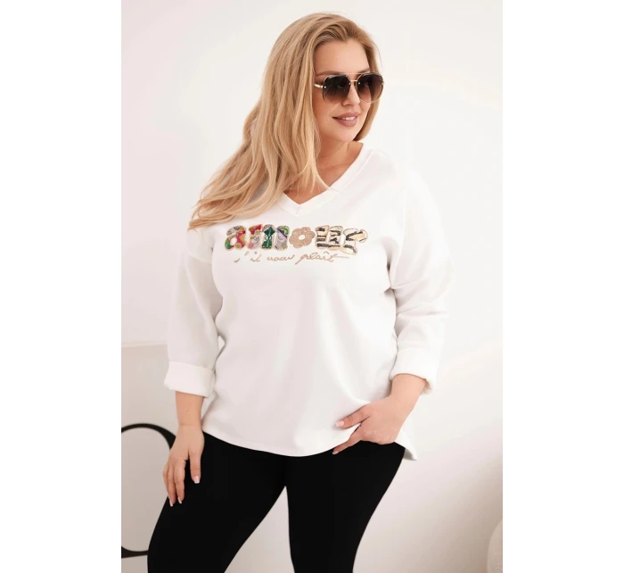 Dámská mikina Plus Size s nápisem a výstřihem do V ecru