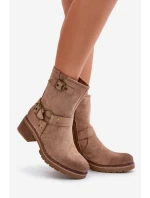 Dámské Botky Na Nízkém Podpatku S Přezkami Tmavě Béžové model 21671197 - Boto Dámské Botky Na Nízkém Podpatku S Přezkami Tmavě Béžové model 21671197 - Boto