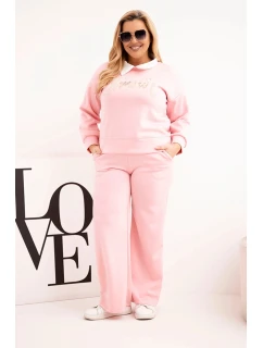 Dámský komplet máslo Plus Size se širokými nohavicemi a límečkem světle růžový