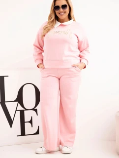 Dámský komplet máslo Plus Size se širokými nohavicemi a límečkem světle růžový