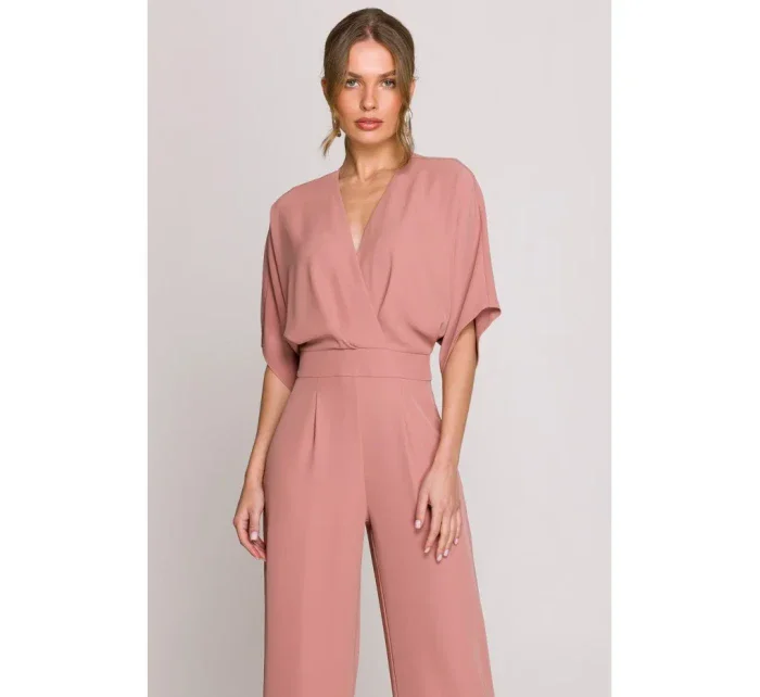 Kombinéza se širokými nohavicemi a výstřihem růžová model 20966151 - STYLOVE Kombinéza se širokými nohavicemi a výstřihem růžová model 20966151 - STYLOVE