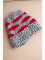 Dámská zimní čepice z vlny v hrubém pletení a pruhy K465 šedá + červená Dámská zimní čepice z vlny v hrubém pletení a pruhy K465 šedá + červená