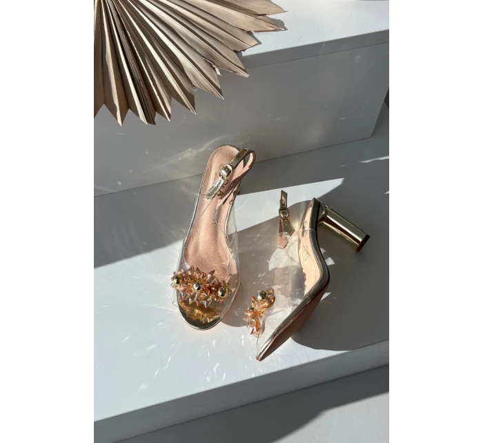 Průhledné sandály na podpatku s ozdobami D&A MR52-232 zlaté