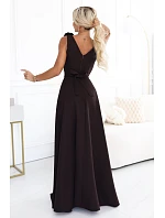 Elegantní večerní maxi šaty s rozparkem a růžemi – hnědé model 22358777 - numoco