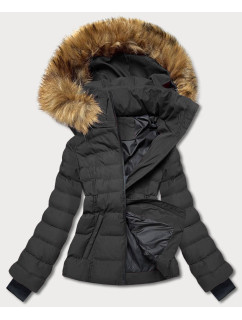 Krátká dámská zimní bunda v army barvě s kožešinou (5M768-136)
