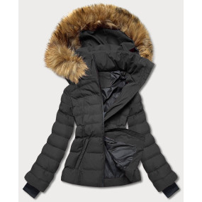 Krátká dámská zimní bunda v army barvě s kožešinou (5M768-136)