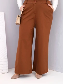 Dámské kalhoty Plus Size s širokou nohavicí a vysokým pasem tmavě camelové