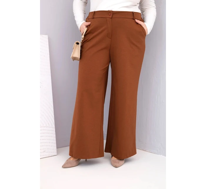Dámské kalhoty Plus Size s širokou nohavicí a vysokým pasem tmavě camelové