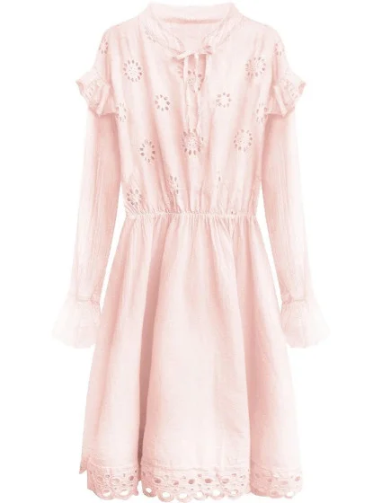Bavlněné dámské šaty v pudrově růžové barvě s výšivkou (303ART)