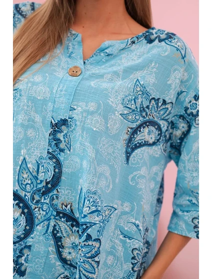 Dámská bavlněná blůza s ohrnovacími rukávy a paisley vzorem turkusová