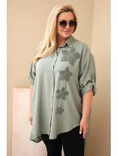 Dámská košile Plus Size z viskózy s květinovou výšivkou khaki