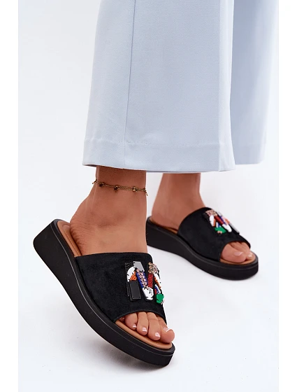 Kožené Semišové Dámské Pantofle s Ozdobou na Platformě Vinceza 66942 Černé