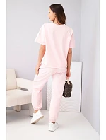 Dámský bavlněný model 22128679 tričko s krátkým rukávem a teplákové kalhoty pudrově růžová - K-Fashion