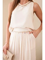 Dámský komplet s model 22048793 top bez rukávů a kalhoty se širokou nohavicí a ozdobným zakončením béžový - K-Fashion