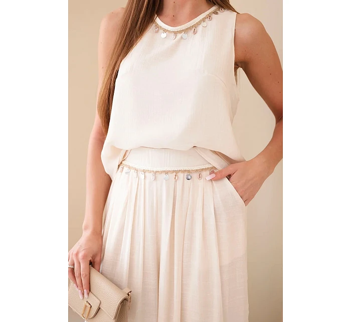 Dámský komplet s model 22048793 top bez rukávů a kalhoty se širokou nohavicí a ozdobným zakončením béžový - K-Fashion