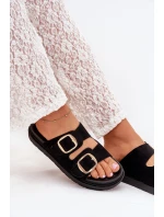 Dámské pantofle na platformě se zlatými přezkami – černé