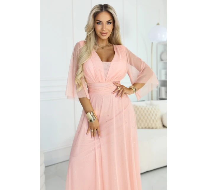 Dlouhé třpytivé plus size šaty s výstřihem a rukávy broskvová barva model 21961748 - numoco basic