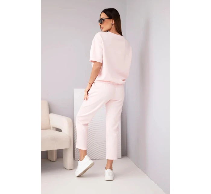Dámská viskózová souprava s krátkým rukávem a kalhotami s lemem růžová model 21998402 - K-Fashion Dámská viskózová souprava s krátkým rukávem a kalhotami s lemem růžová model 21998402 - K-Fashion