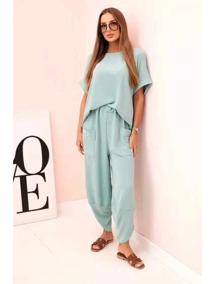 Komplet z viskózy halenka + kalhoty tmavá máta Komplet z viskózy halenka + kalhoty tmavá máta