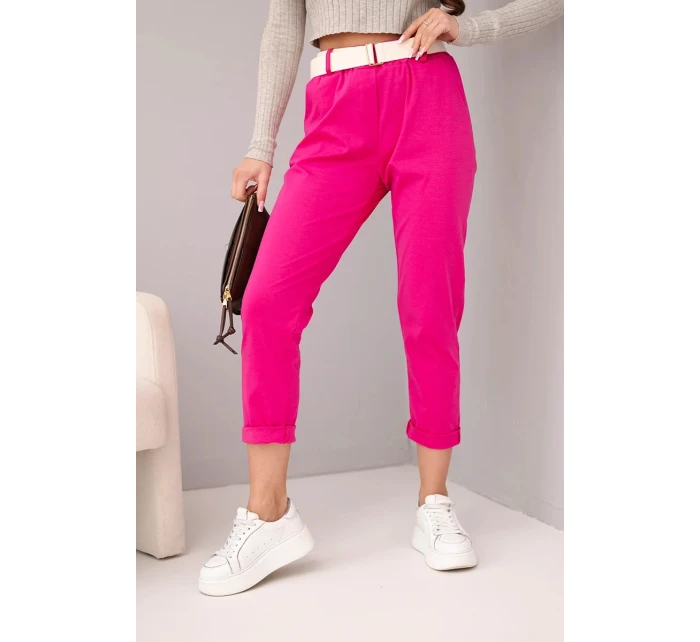 Dámské bavlněné kalhoty s páskem a ohrnutými nohavicemi model 22010182 - K-Fashion