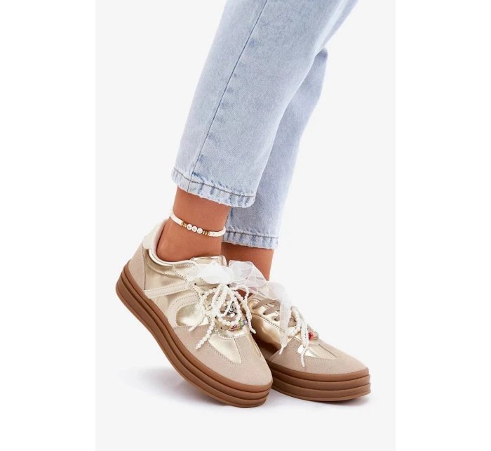 Dámské tenisky na platformě s ozdobami – béžovo-zlaté Vinness Dámské tenisky na platformě s ozdobami – béžovo-zlaté Vinness