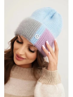 Dámská čepice barevná z viskózy s ozdobným knoflíkem modrá + šedá