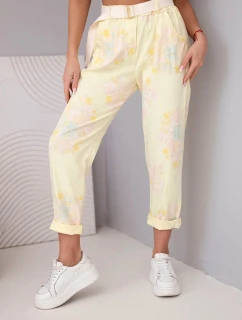 Dámské viskózové kalhoty s květinovým vzorem a páskem žluté