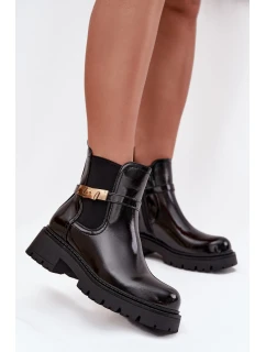 Dámské zateplené lakované kotníkové botky sztyblety s ozdobným páskem – černé Vivessa