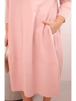 Dámská bavlněná šaty Plus Size s ohrnutým rukávem a kapsami pudrově růžová Dámská bavlněná šaty Plus Size s ohrnutým rukávem a kapsami pudrově růžová