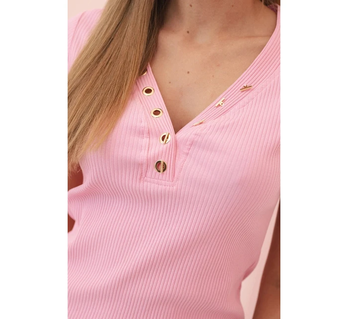 Dámská bavlněná pruhovaná šaty s V výstřihem a knoflíky světle růžová