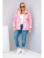 Dámská jarní prošívaná bunda Plus Size s kapucí a květinovým vzorem světle růžová