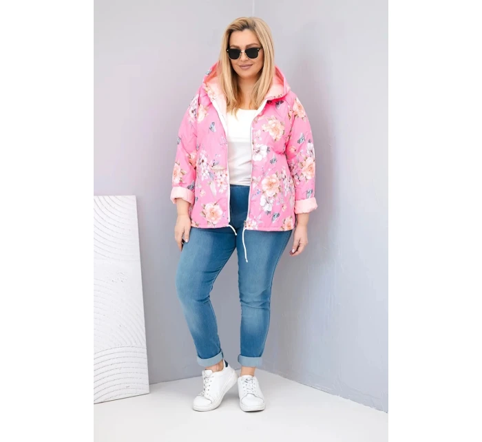 Dámská jarní prošívaná bunda Plus Size s kapucí a květinovým vzorem světle růžová