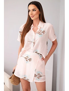 Dámský komplet košile s krátkým rukávem a sukňové šortky vyšívané pudrově růžová