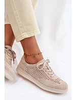 Kožené semišové dámské tenisky s otvory Béžové model 22100230 - Boto Kožené semišové dámské tenisky s otvory Béžové model 22100230 - Boto