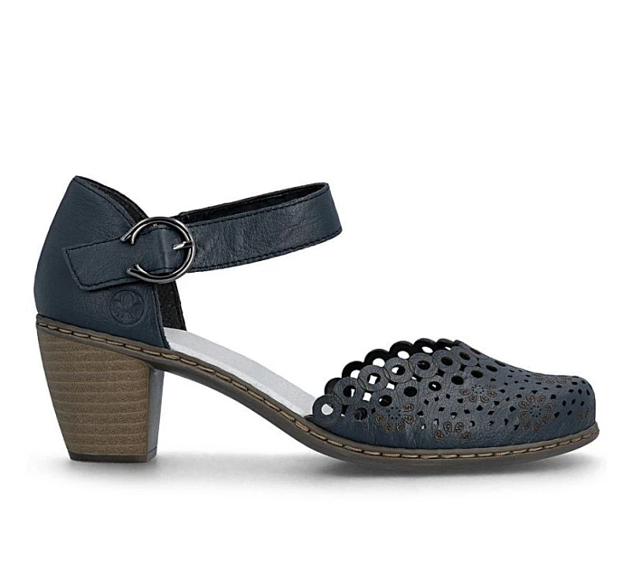 Dámské kožené sandály na jehlovém podpatku pohodlné ažurové tmavě modré Rieker 40902-14