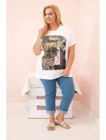 Dámská bavlněná halenka Plus Size s barevným potiskem bílá + khaki