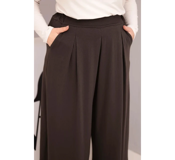 Dámské bavlněné kalhoty Plus Size s širokou nohavicí a volným střihem hnědé Dámské bavlněné kalhoty Plus Size s širokou nohavicí a volným střihem hnědé