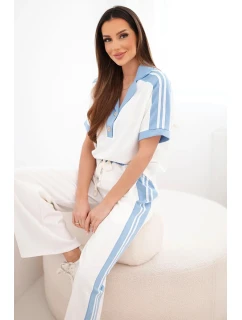 Dámský komplet s polo tričkem a širokými džínovými kalhotami máslový a džínový