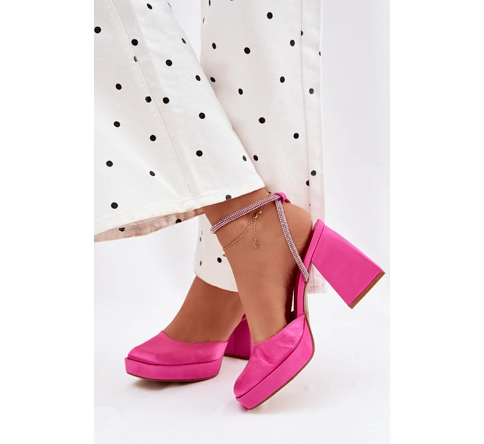 Dámské sandály na vysokém podpatku typu sloupek s páskem s krystaly fuchsiová Seraphina