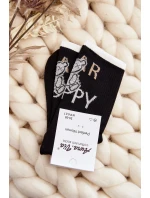 Dámské bavlněné ponožky s nápisem a medvídkem, černé Dámské bavlněné ponožky s nápisem a medvídkem, černé