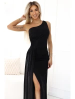 dlouhé šaty na jedno rameno s  a rozparkem na nohou BLACK model 21186111 - numoco