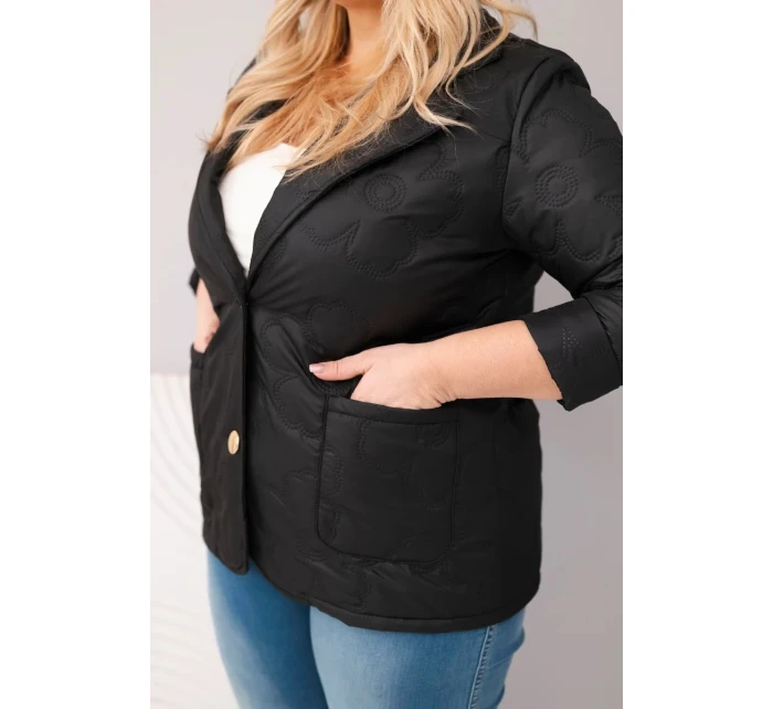 Dámská bunda Plus Size prošívaná s květinami s límcem a kapsami černá