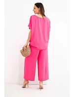 Dámský viskózový komplet: halenka s krátkým rukávem a kalhoty se širokými nohavicemi růžový