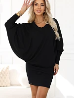 402-10 Pohodlné netopýří šaty s dlouhým rukávem - černé