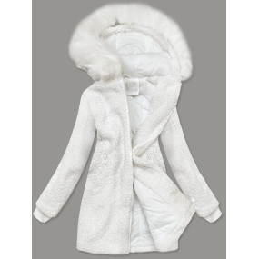 Bílá dámská bunda "beránek" s kapucí (H-1030-82)