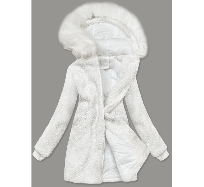 Bílá dámská bunda "beránek" s kapucí (H-1030-82)