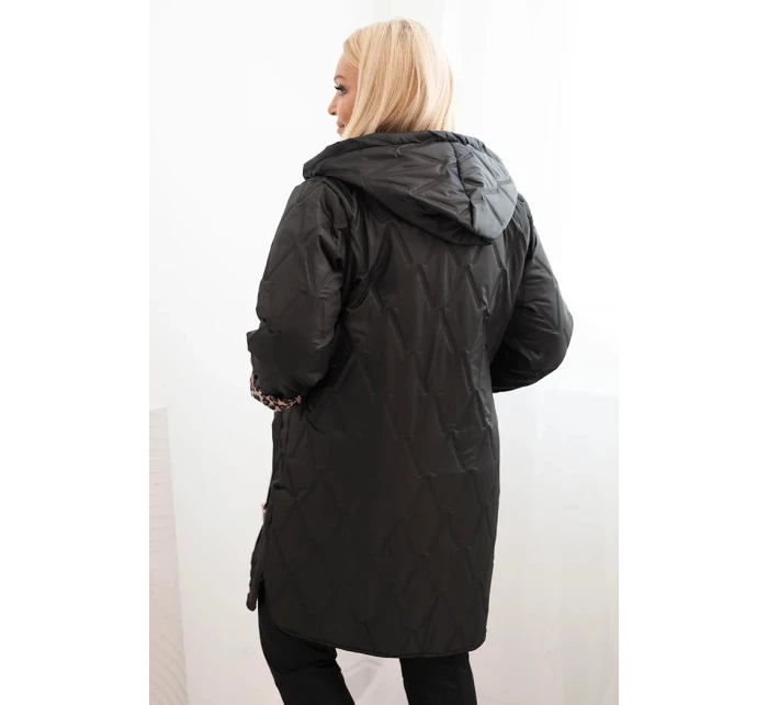 Dámská prošívaná bunda Plus Size s podšívkou v leopardím vzoru a kapucí černá